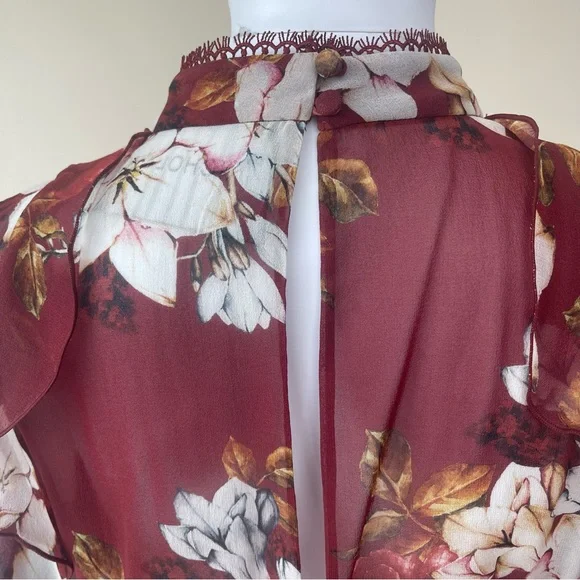 NWT NICHOLAS Floral Print Ruffle Cold Shoulder Silk Blouse - Picture 6 of 13